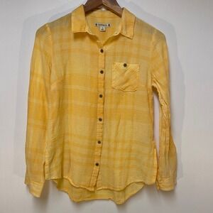 RuffHewn Button Down Shirt Womens Gauze Small Yellow Plaid Textured Long Sleeve